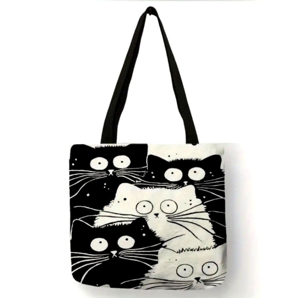 Funny cartoon black and white cat tote bag purse shoulder bag